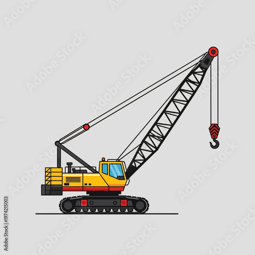 Yellow crawler crane lifting heavy load with hook on construction site