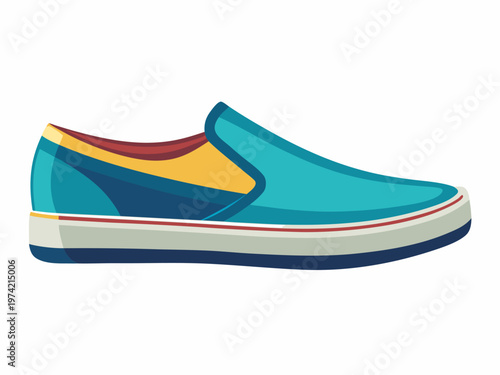 Casual teal slip on shoe with white sole on plain backdrop