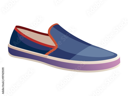 Navy blue slip on shoe with contrasting orange trim on white backdrop