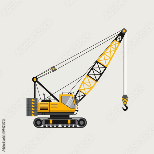 Yellow crawler crane lifting heavy load with hook, construction machinery, industrial equipment