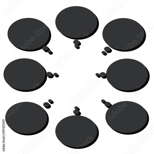 立体感のある影がついた黒色の楕円形思考吹き出しセット