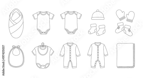 Baby clothes and accessories line art.