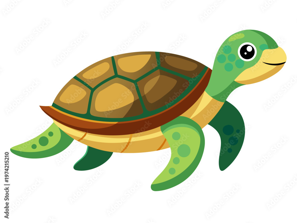 Obraz premium Cartoon green turtle walking on white background flat illustration
