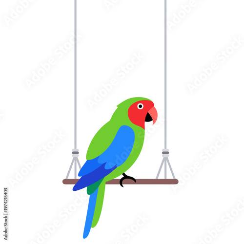 Green parrot perched on wooden swing against white background