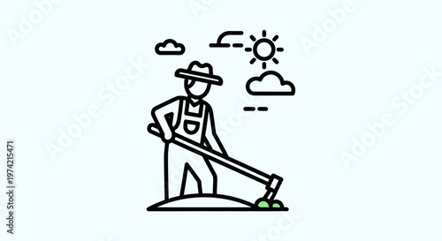 Man in hat working with shovel.