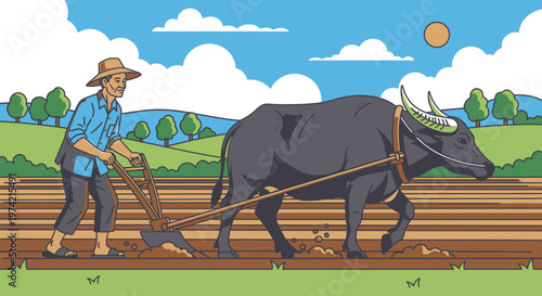 Man plowing field with big bull.