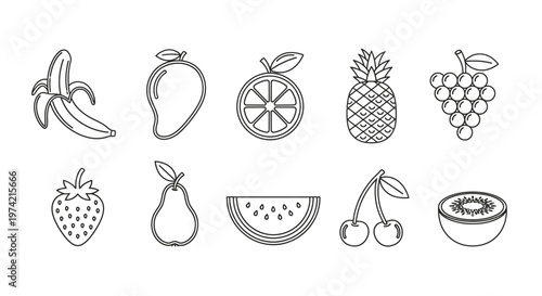 Variety of fresh fruit icons line.
