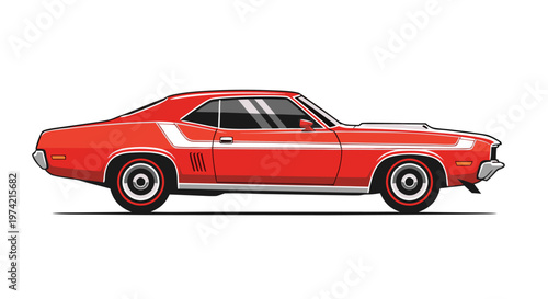 Red muscle coupe parked on white studio background