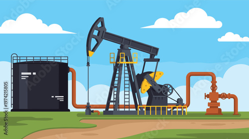 Vector illustration of an active oil pumpjack and storage tank in an oil field, representing the petroleum industry