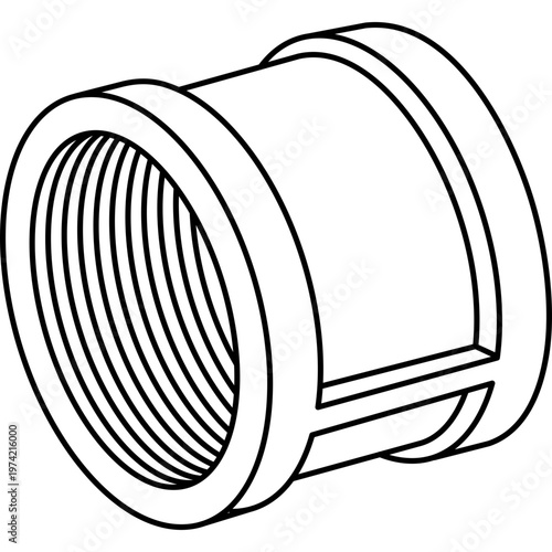 Female threaded brass socket pipe fitting for plumbing and water connection systems. Vector outline icon.