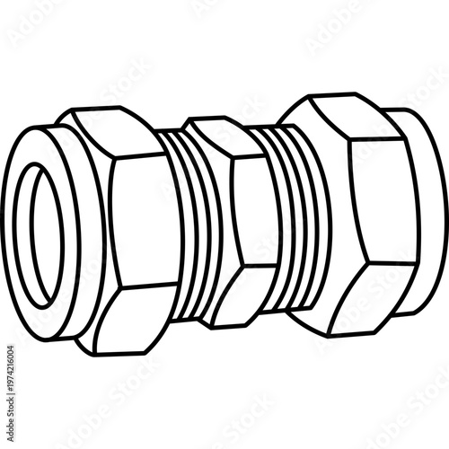 Straight compression pipe coupling fitting for connecting tubes in plumbing and water supply systems. Vector outline icon.