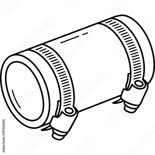 Flexible rubber straight connector with stainless steel clamps for plumbing pipe repair, universal emergency sealing coupling. Vector outline icon.