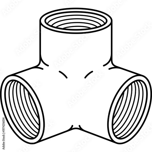 3-way corner side outlet pipe fitting with internal threads for plumbing and construction. Vector outline icon.