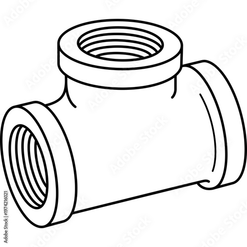 Three-way galvanized iron pipe tee fitting with female threads for plumbing and gas systems. Vector outline icon.