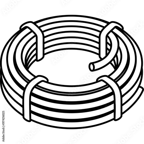 Coil of flexible plastic pipe or PEX tubing for water supply and plumbing installation. Vector outline icon.