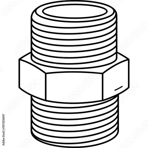 Hex nipple pipe fitting adapter with male threads for faucet water supply and plumbing systems. Vector outline icon.