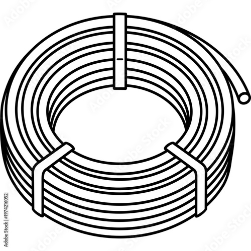 Coil of flexible PEX pipe or plastic tubing for water supply and plumbing systems. Vector outline icon.