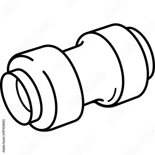 Straight push-fit coupling for tool-free pipe connection in water supply and plumbing systems. Vector outline icon.