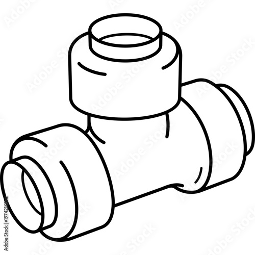 Push-fit tee connector for quick pipe installation in water supply and plumbing systems. Vector outline icon.