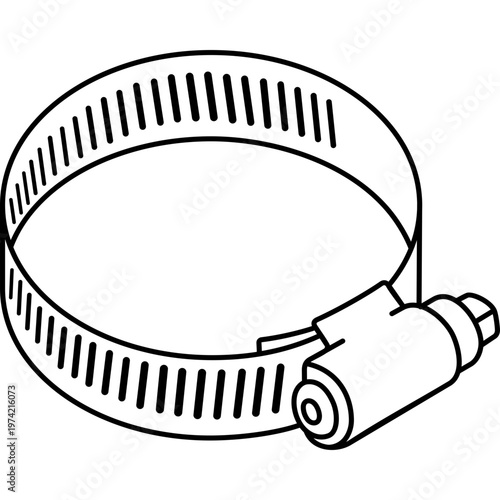 Adjustable stainless steel hose clamp for securing pipes and tubing in plumbing and automotive systems. Vector outline icon.