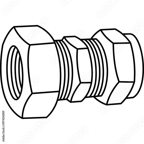 Straight brass compression fitting with female threaded nut for plumbing and water pipe connections. Vector outline icon.