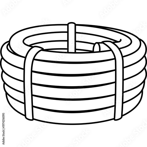 Roll of flexible water tubing or plastic pipe for plumbing and irrigation systems. Vector outline icon.