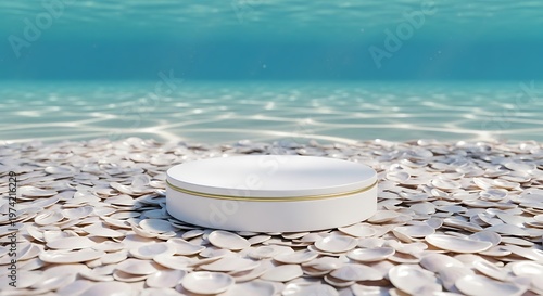 White Round Pedestal on a Bed of Sea Shells Under Blue Water