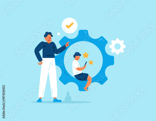 Parental control concept. Monitoring, limiting, and regulating children's online activities. Illustration of a father managing his child's gadget playing time. Metaphor, elements, flat vector style