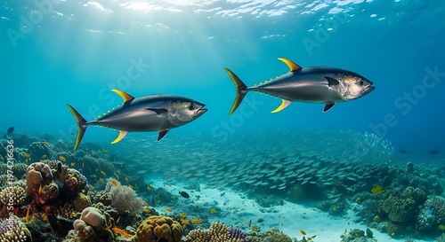 Yellowfin Tuna Swimming Above Vibrant Coral Reef in Clear Tropical Ocean Water