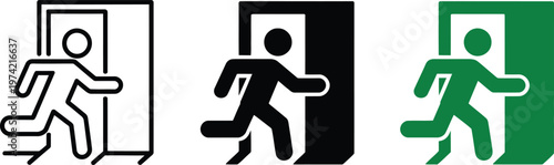 Exit sign pictogram showing person running through doorway, emergency symbol illustration
