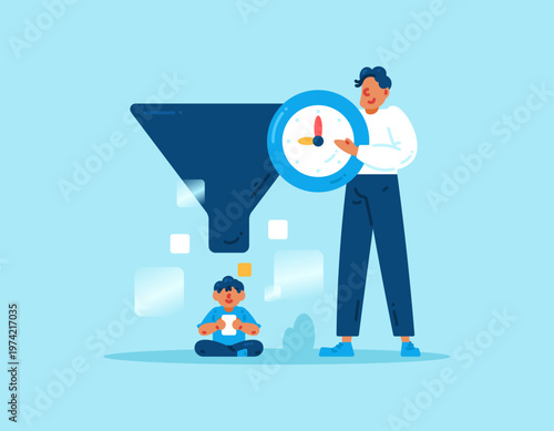 Parental control concept. Monitoring, limiting, and regulating children's online activities. Illustration of a father filtering content for children and limiting their screen time. Metaphor, element
