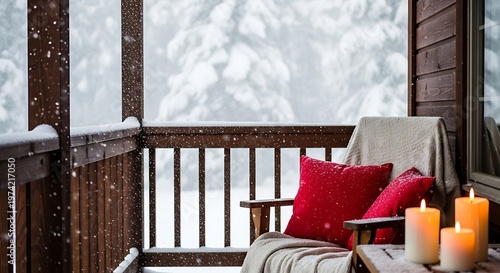 Cozy winter cabin balcony with lit candles and red cushions during a snowfall in the forest