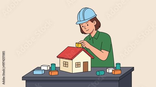 Creative architect in a hard hat building a house model with colorful toy blocks. Ideal for construction, real estate, and future planning concepts