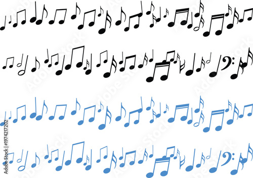 A colorful illustration of black and blue musical notes on a white background