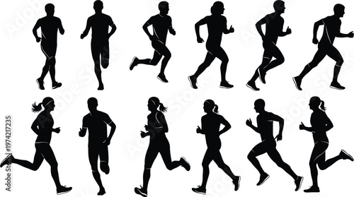A group of silhouetted runners in various poses against a white background