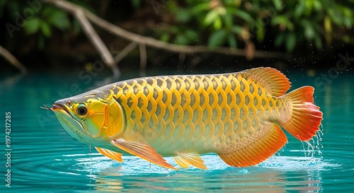 Exotic Golden Arowana Dragon Fish Leaping Above Clear Tropical Blue Water