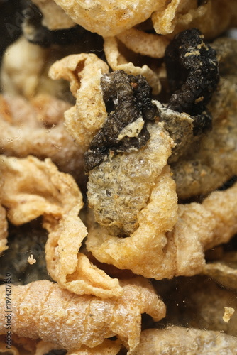 Closeup view of crunchy fried salmon fish skin snacks perfect for food blogs, packaging design, culinary articles, and social media posts.