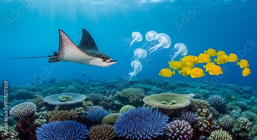 Vibrant Underwater Coral Reef Scene with Spotted Eagle Ray, Jellyfish, and School of Yellow Tang Fish