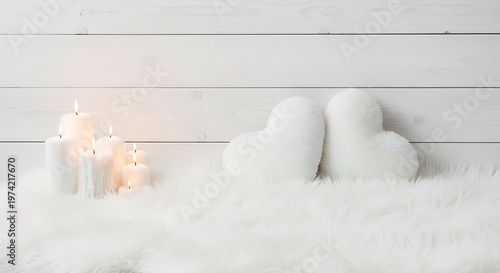 Romantic Cozy Home Decor with White Heart Pillows and Lit Candles on Faux Fur