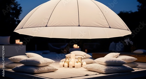 Luxury Romantic Outdoor Lounge with Glowing Candles and White Cushions under Canopy
