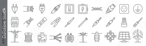 Electrical and power icon set – editable outline symbols of plug, cable, switch, socket, transformer, solar panel and wind energy
