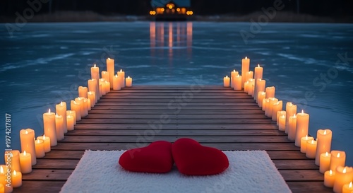 Romantic Candlelit Path on a Wooden Dock with Red Hearts by a Frozen Lake at Night