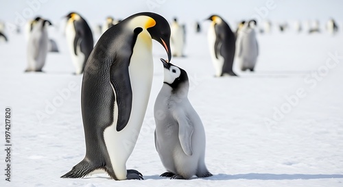 Emperor Penguin Adult and Chick Bonding in Snowy Antarctic Colony