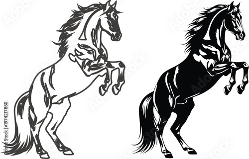 Two stylized illustrations of a powerful horse rearing up on its hind legs, one as a detailed outline and the other as a solid black silhouette.