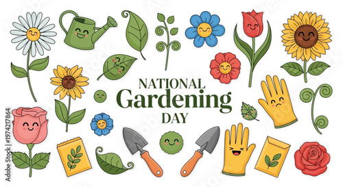 A cheerful collection of cartoon gardening elements, including flowers, gardening tools, and seeds, celebrates National Gardening Day in a flat lay illustration with a bright, joyful mood