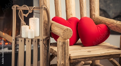 Romantic Rustic Winter Decor with Red Heart Pillows and Lit Candles by a Warm Fireplace