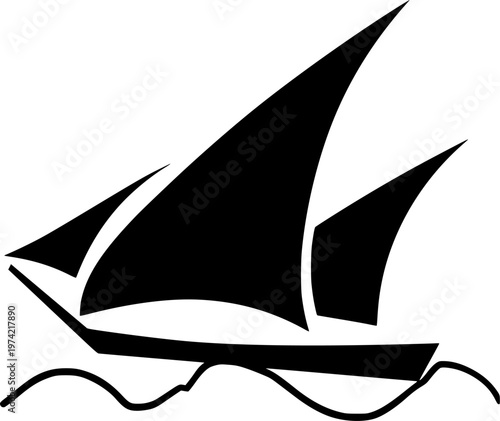 minimalist black dhow sailing boat icon on waves isolated on white background