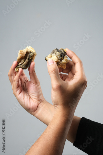 Ideal for promoting seafood dishes or snacks, showcasing delicious fried salmon fish skin, great for food blogs, restaurant menus, and advertisements.