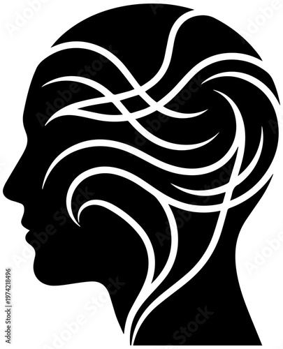 Stunning human head silhouette with creative white lines in hair