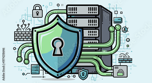 Shield with keyhole lock symbol.